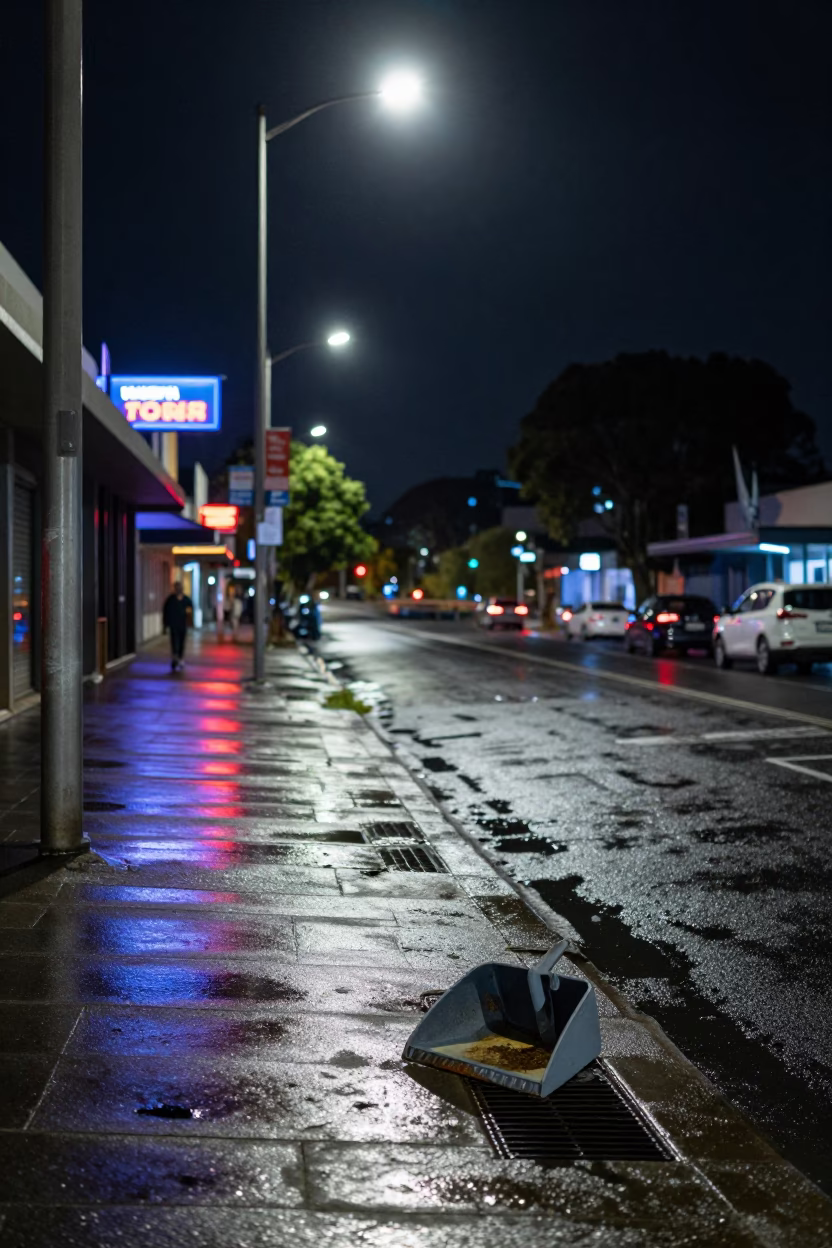 Late Night Adelaide Street Scene with Dustpan and Fountain Pen on Wet Pavement in in Adelaide, South Australia, Australia