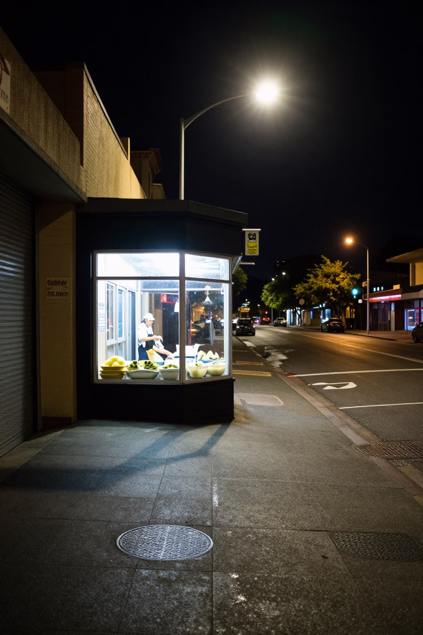 Late Night Adelaide Street Scene with Hummus and Jade Plant in Window in in Adelaide, South Australia, Australia