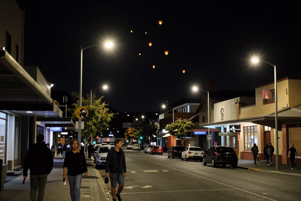 Late Night Adelaide Street Scene with Lanterns and Urban Life in in Adelaide, South Australia, Australia