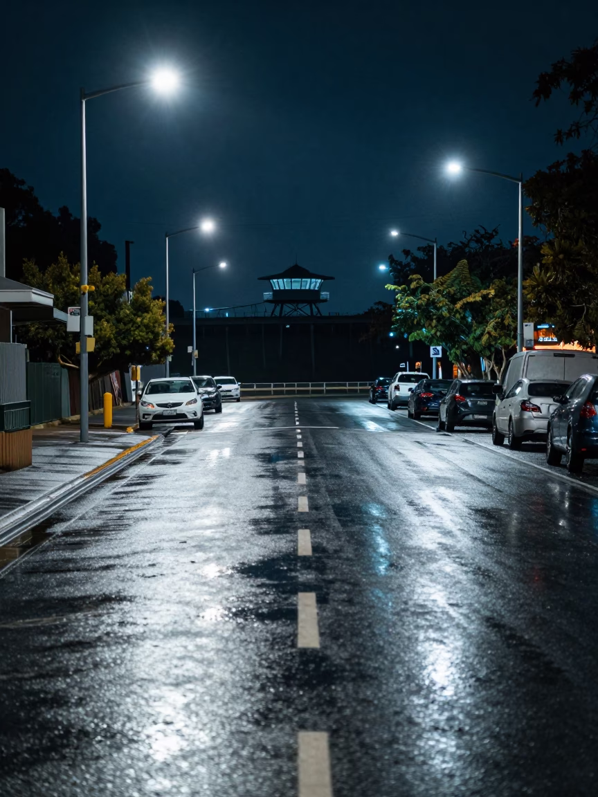 Late Night Adelaide Street Scene with Neon Reflections and Empty Dam Observation Deck in in Adelaide, South Australia, Australia