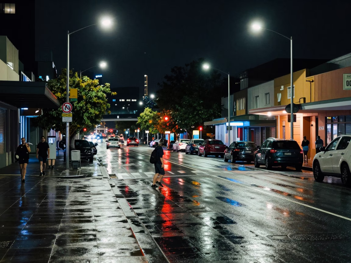 Late Night Adelaide Street Scene with Neon Reflections and Urban Details in in Adelaide, South Australia, Australia