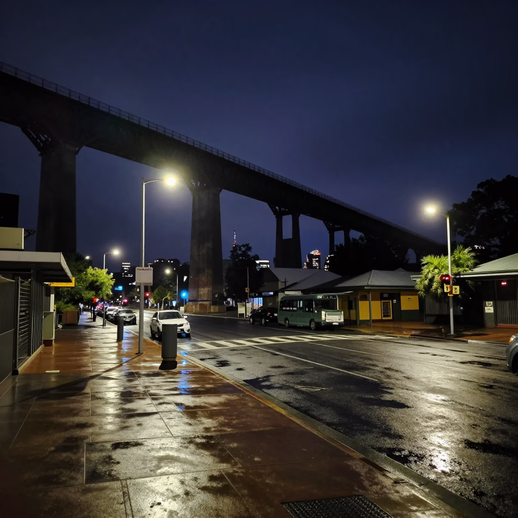 Late Night Adelaide Street Scene with Viaduct Shadow and Rain-Slicked Pavement in in Adelaide, South Australia, Australia