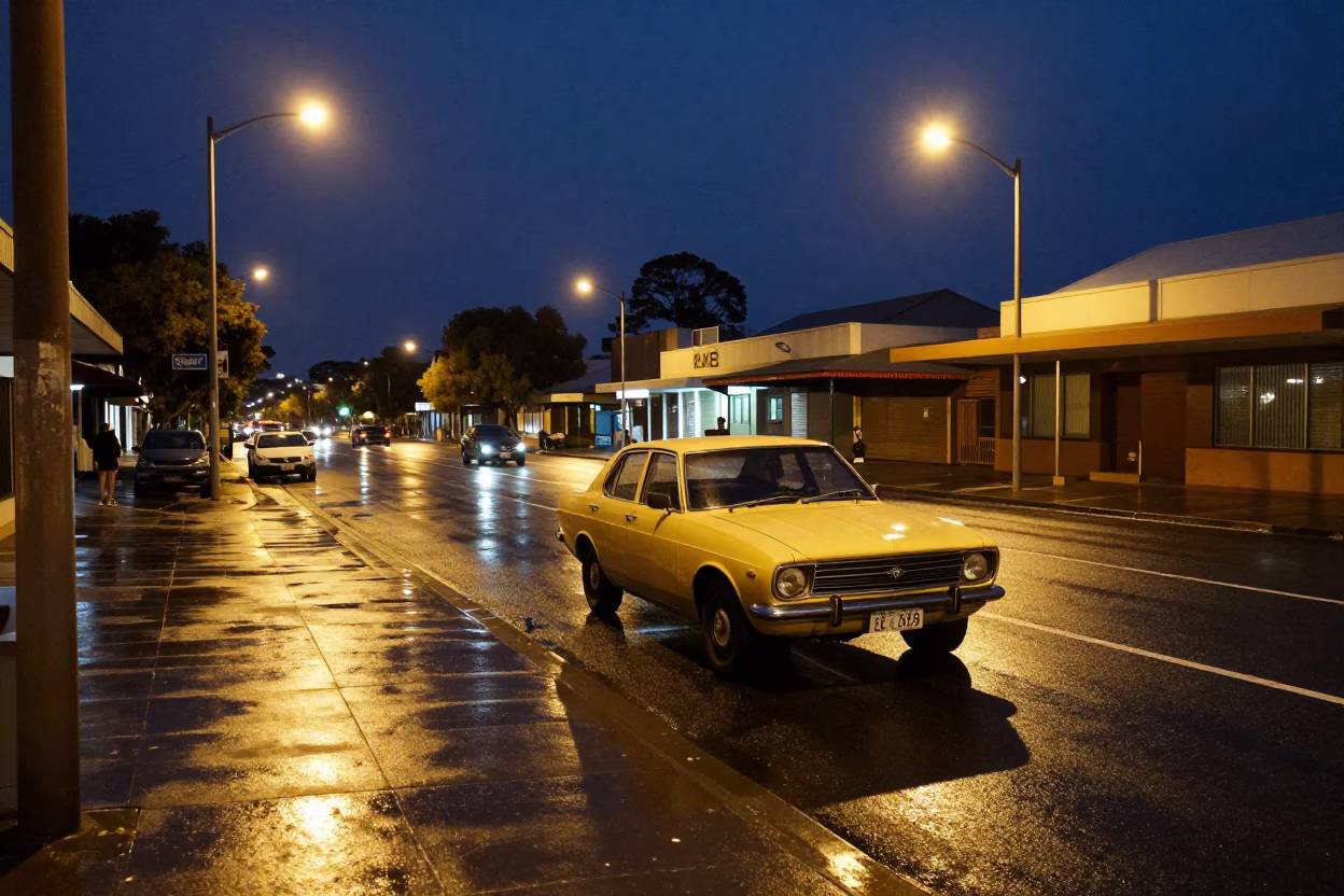 Late Night Adelaide Street Scene with Vintage 1980s Car and City Lights in in Adelaide, South Australia, Australia