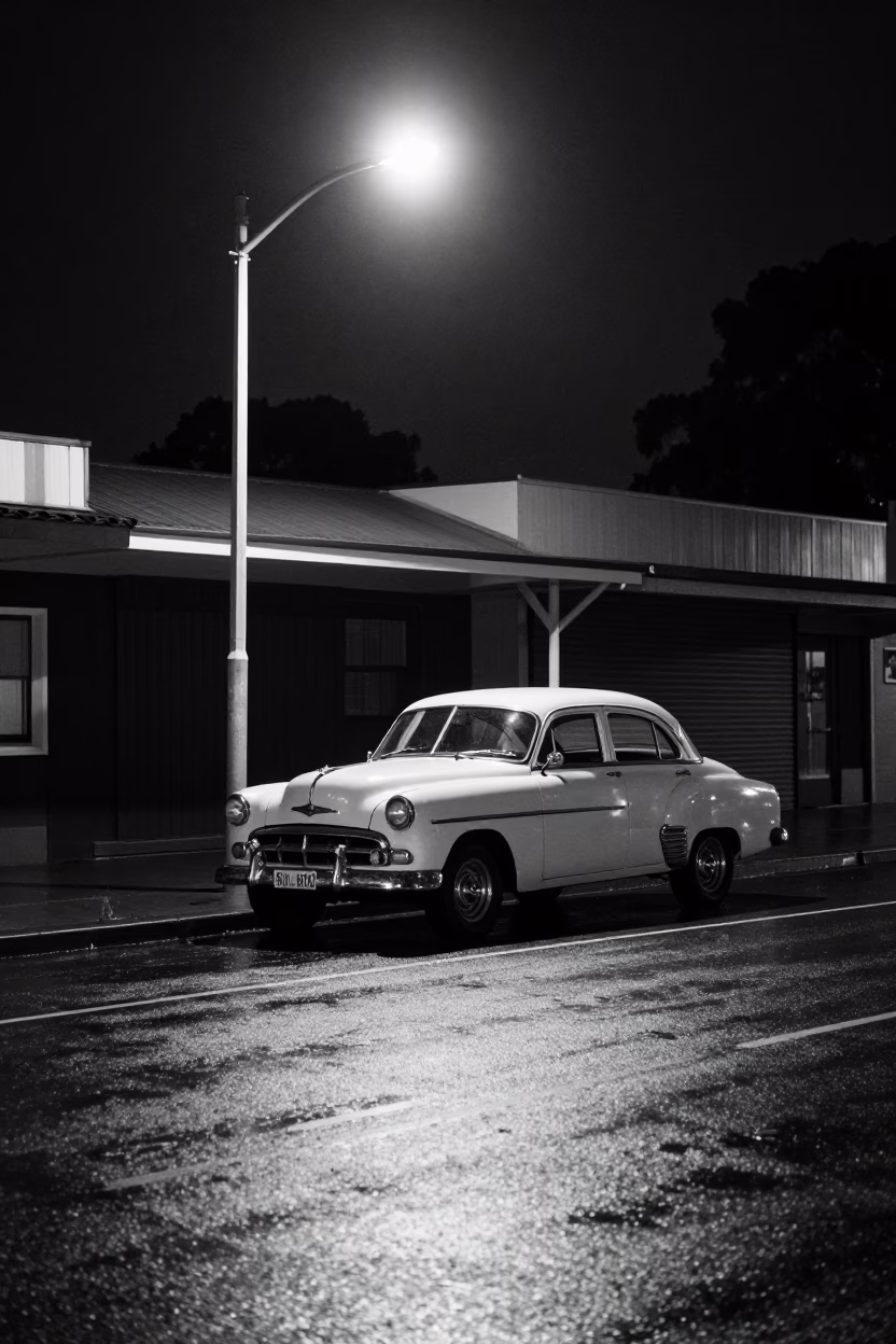 Late Night Adelaide Street Scene with Vintage Car and Coffee Mugs in in Adelaide, South Australia, Australia