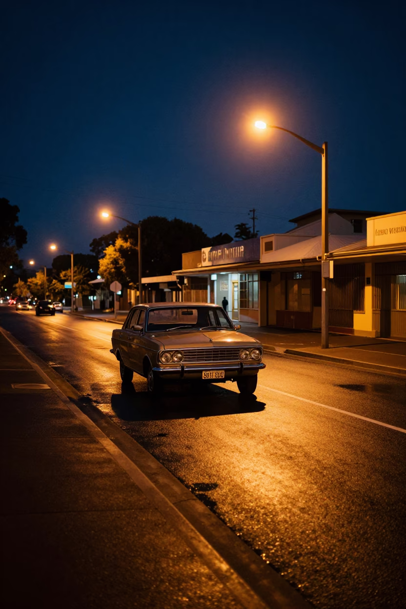 Late Night Adelaide Street Scene with Vintage Car and Urban Neon Reflections in in Adelaide, South Australia, Australia