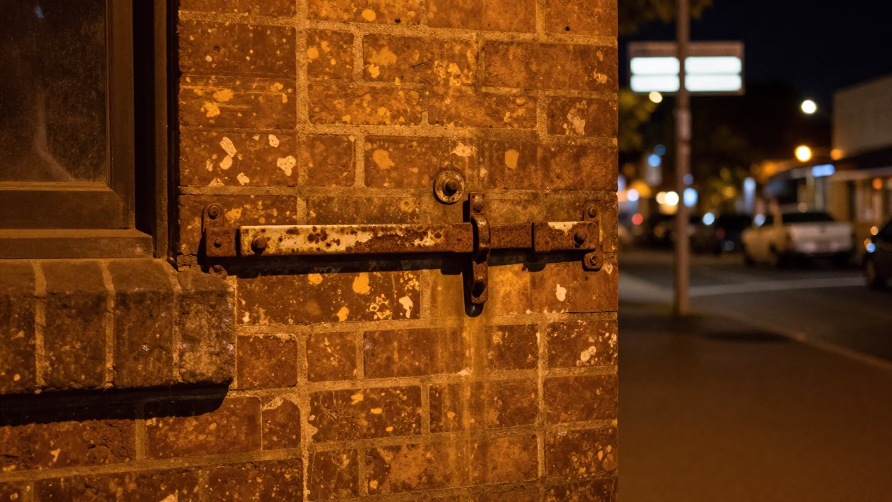 Late Night Adelaide Street Scene with Vintage Latch and Glass Bottle in in Adelaide, South Australia, Australia