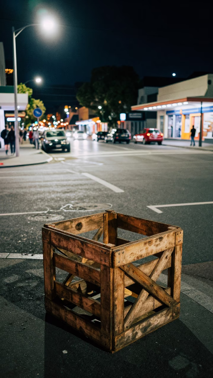 Late Night Adelaide Street Scene with Wooden Crate and Wicker Hamper in in Adelaide, South Australia, Australia
