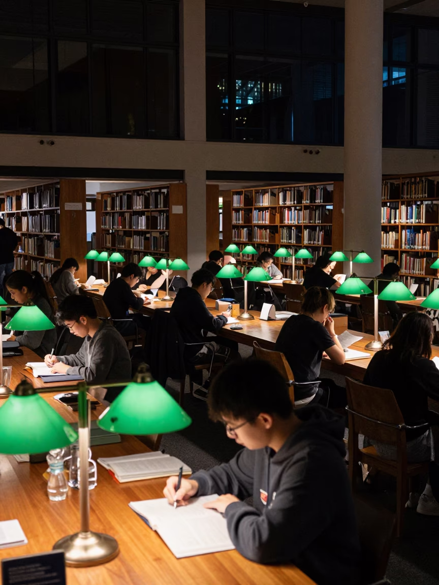 Late Night Adelaide University Students Revising Beneath Library Stacks Under Green Banker Lamps in in Adelaide, South Australia, Australia