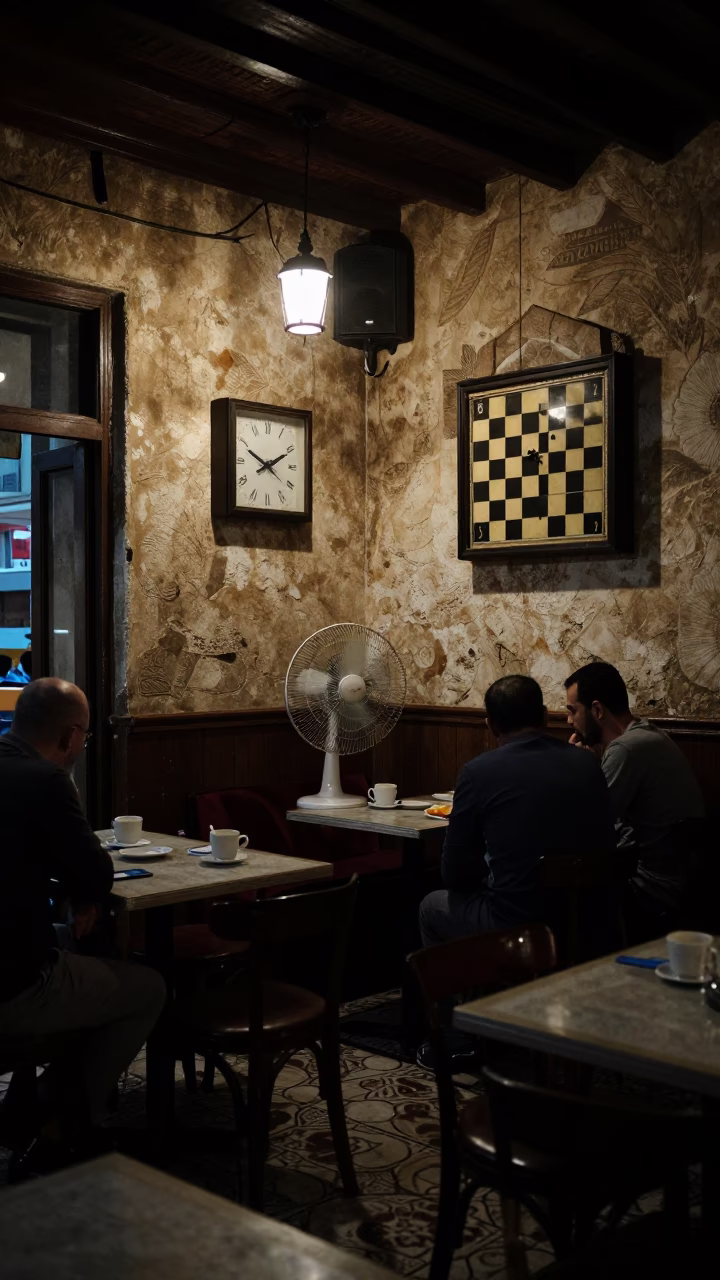 Late Night Alexandria Cafe Interior with Chess Clock and Fan in in Alexandria, Egypt
