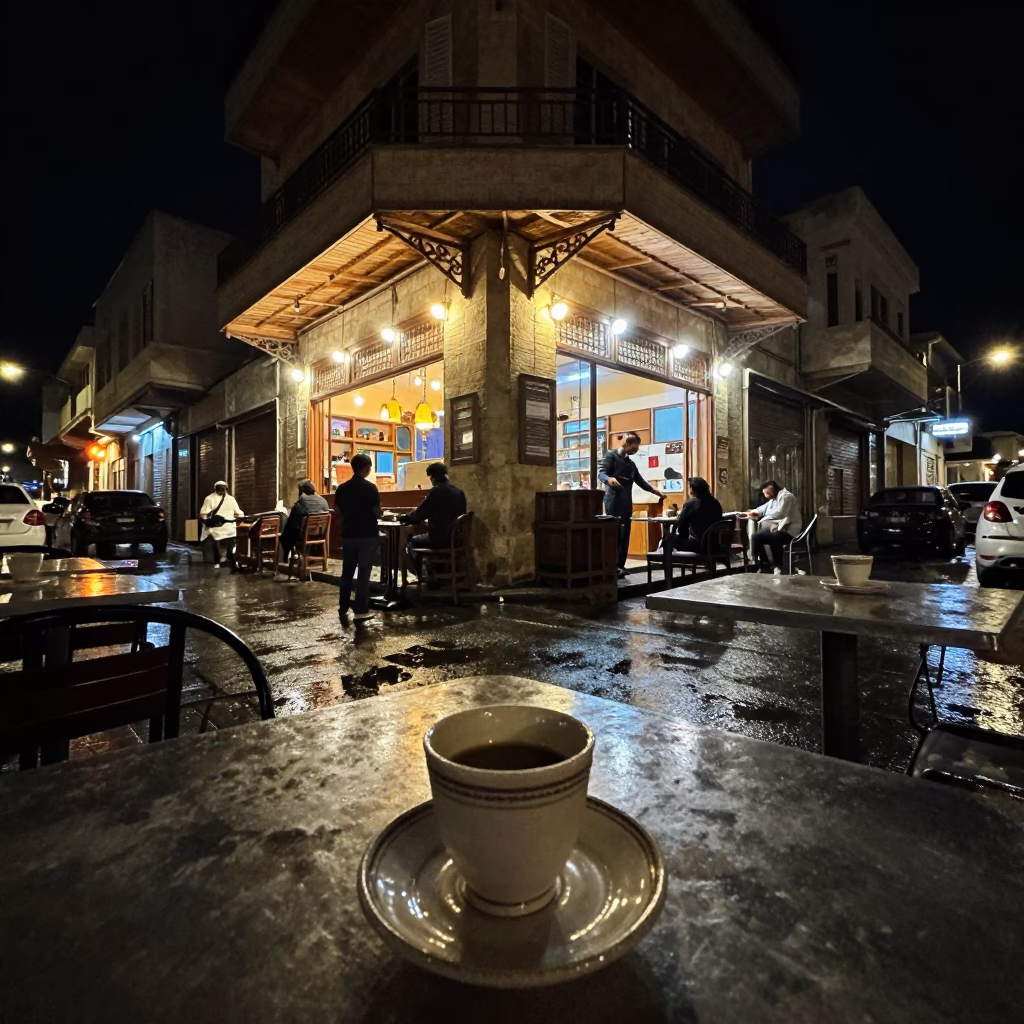 Late Night Alexandria Street Scene with Ceramic Cup and Urban Atmosphere in in Alexandria, Egypt