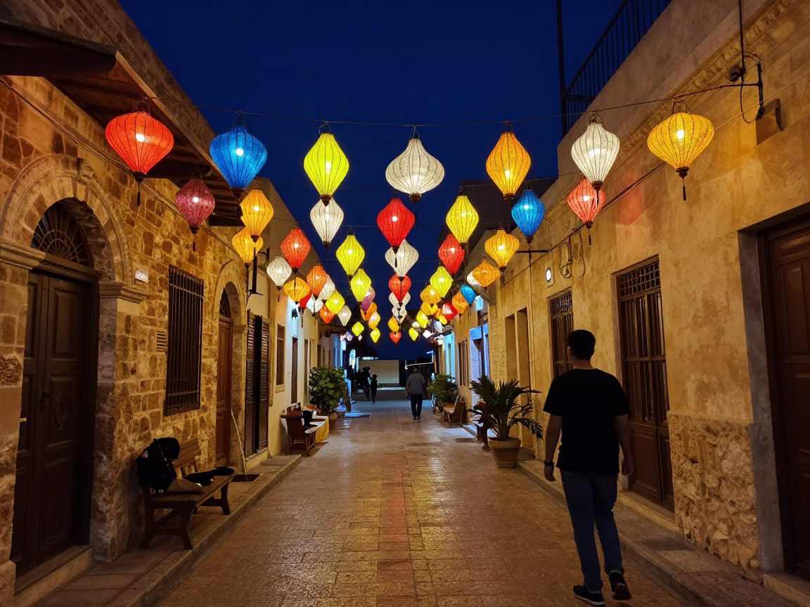 Late Night Alexandria Street Scene with Colorful Lanterns and Suitcases in in Alexandria, Egypt