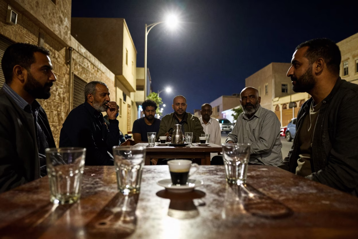 Late Night Alexandria Street Scene with Glass Tumblers and Espresso Cup in in Alexandria, Egypt