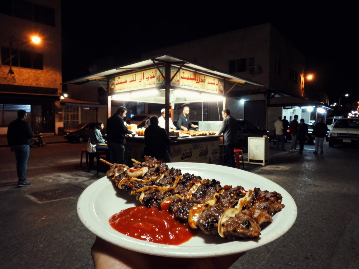 Late Night Alexandria Street Scene with Iskender Kebab Plate and Urban Architecture in in Alexandria, Egypt