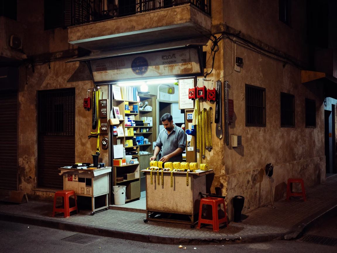 Late Night Alexandria Street Scene with Measuring Tapes and Local Life in in Alexandria, Egypt