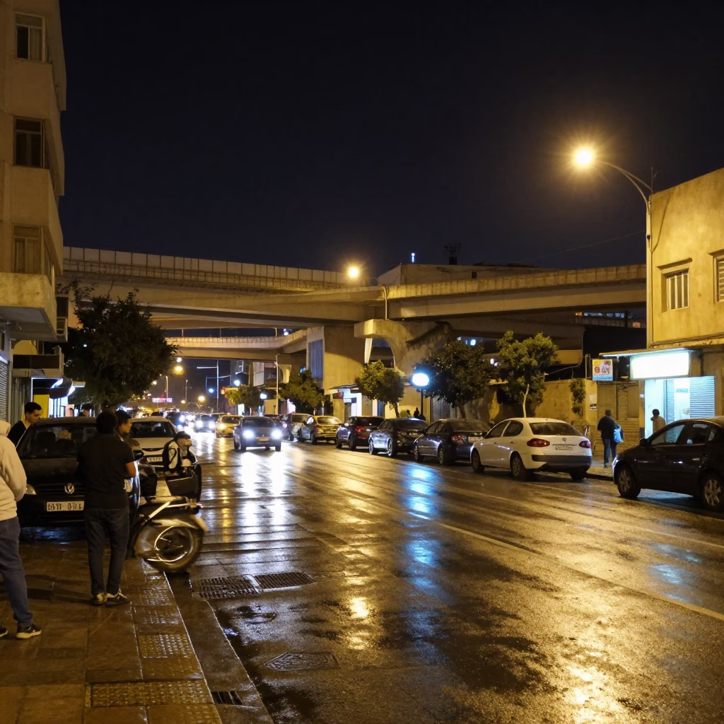 Late Night Alexandria Street Scene with Overpass Interchange and Rain Glowing Taillights in in Alexandria, Egypt