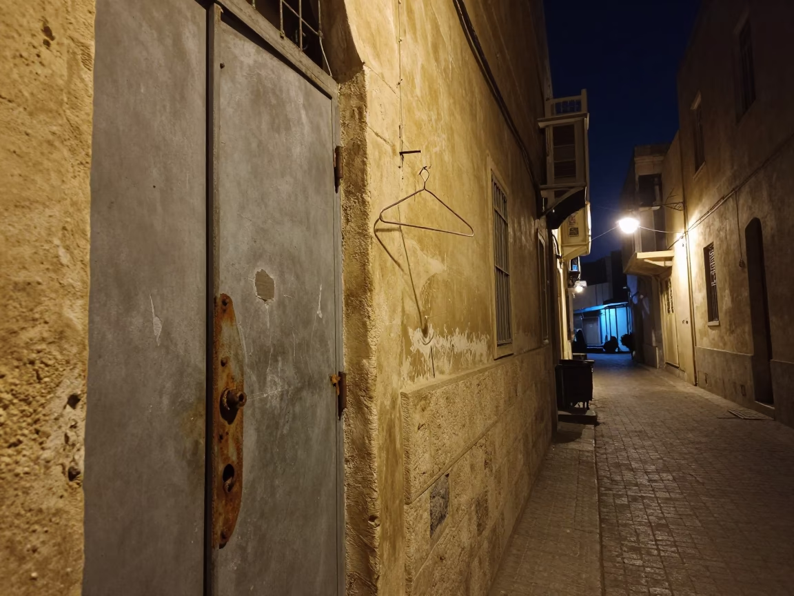 Late Night Alexandria Street Scene with Rusty Hinge and Shirt Hanger in in Alexandria, Egypt