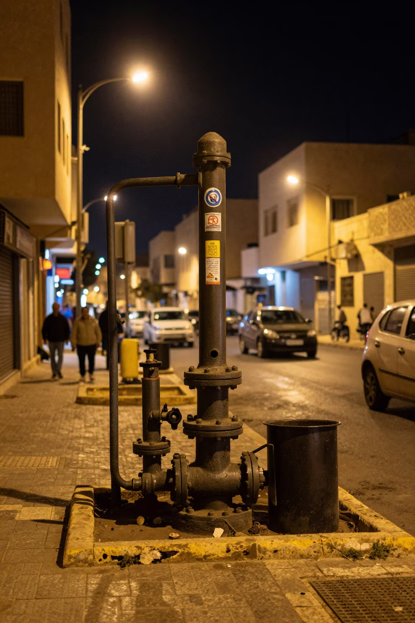 Late Night Alexandria Street Scene with Sewage Pumping Station and Urban Infrastructure in in Alexandria, Egypt