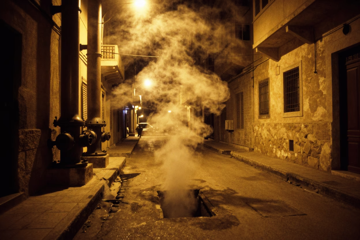 Late Night Alexandria Street Scene with Steam Pipes and Urban Life in in Alexandria, Egypt