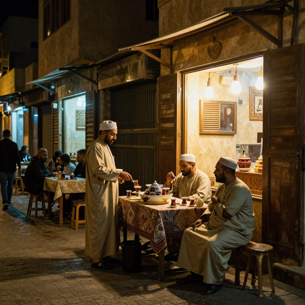 Late Night Alexandria Street Scene with Traditional Tea and Local Interaction in in Alexandria, Egypt