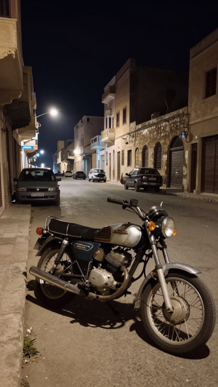 Late Night Alexandria Street Scene with Vintage 1970s Motorcycle and Coastal Road in in Alexandria, Egypt
