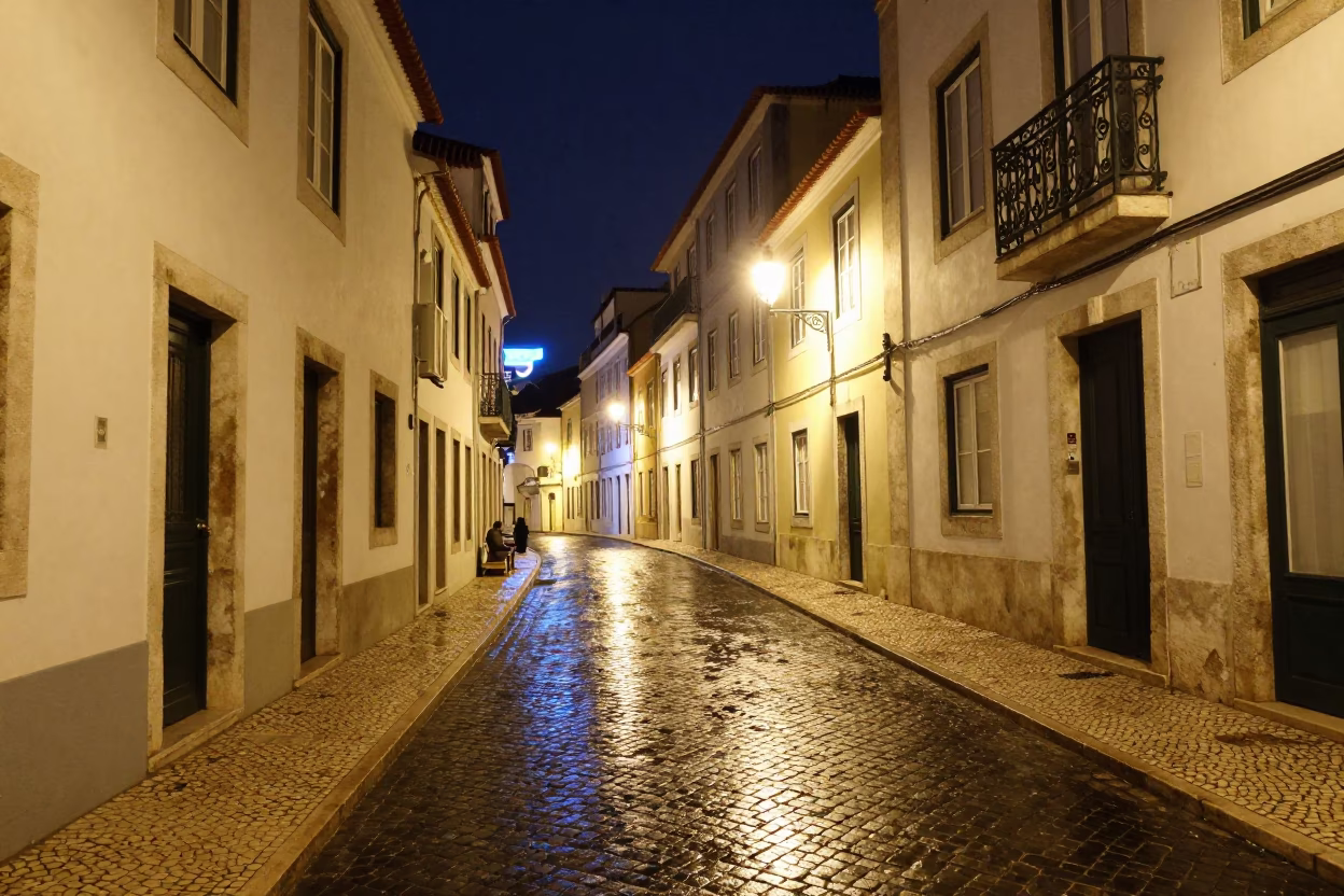 Late Night Alfama Street Scene in Lisbon Portugal with Neon Reflections and Urban Architecture in in Lisbon, Portugal