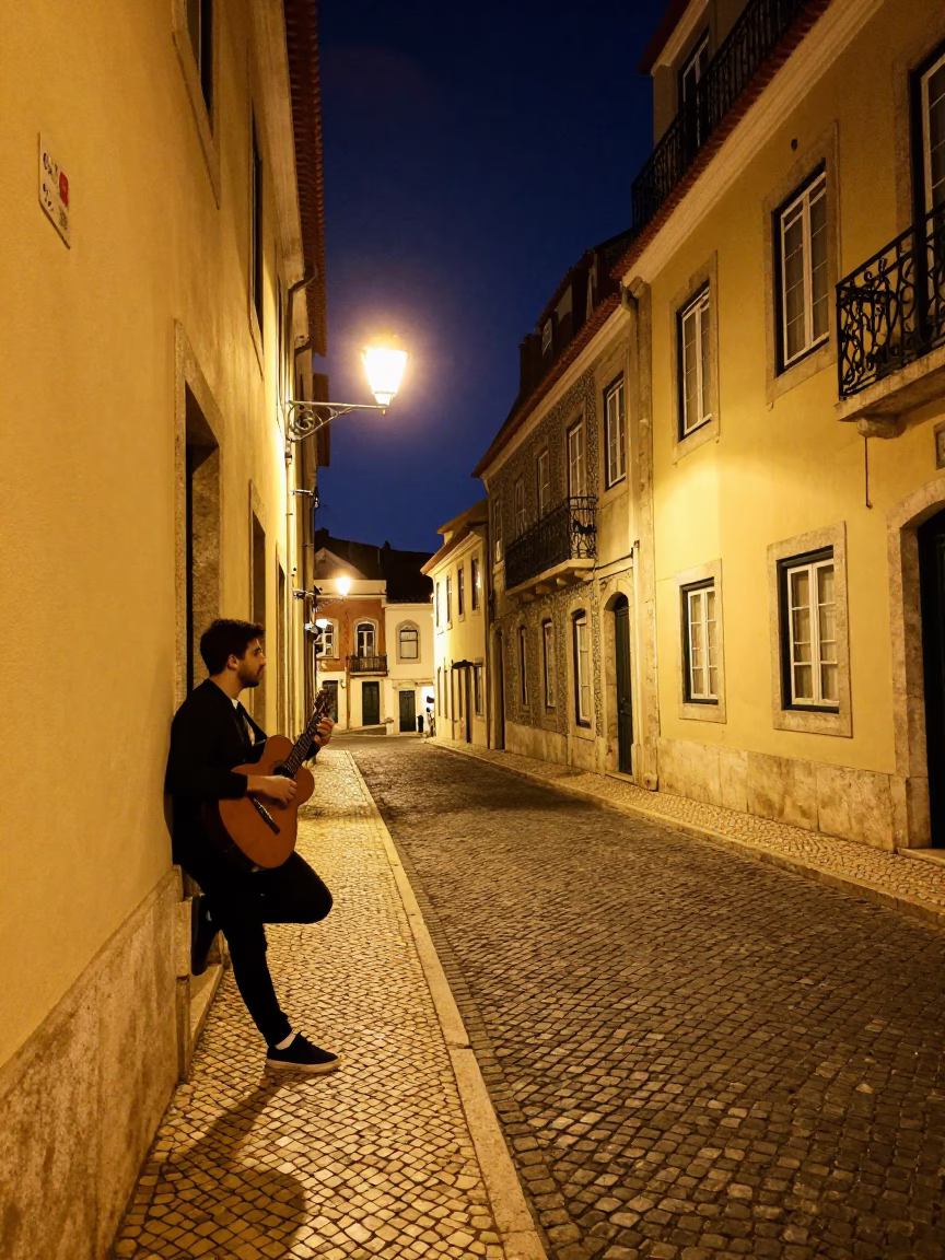 Late Night Alfama Street Scene with Guitarist and Neon Signs in in Lisbon, Portugal