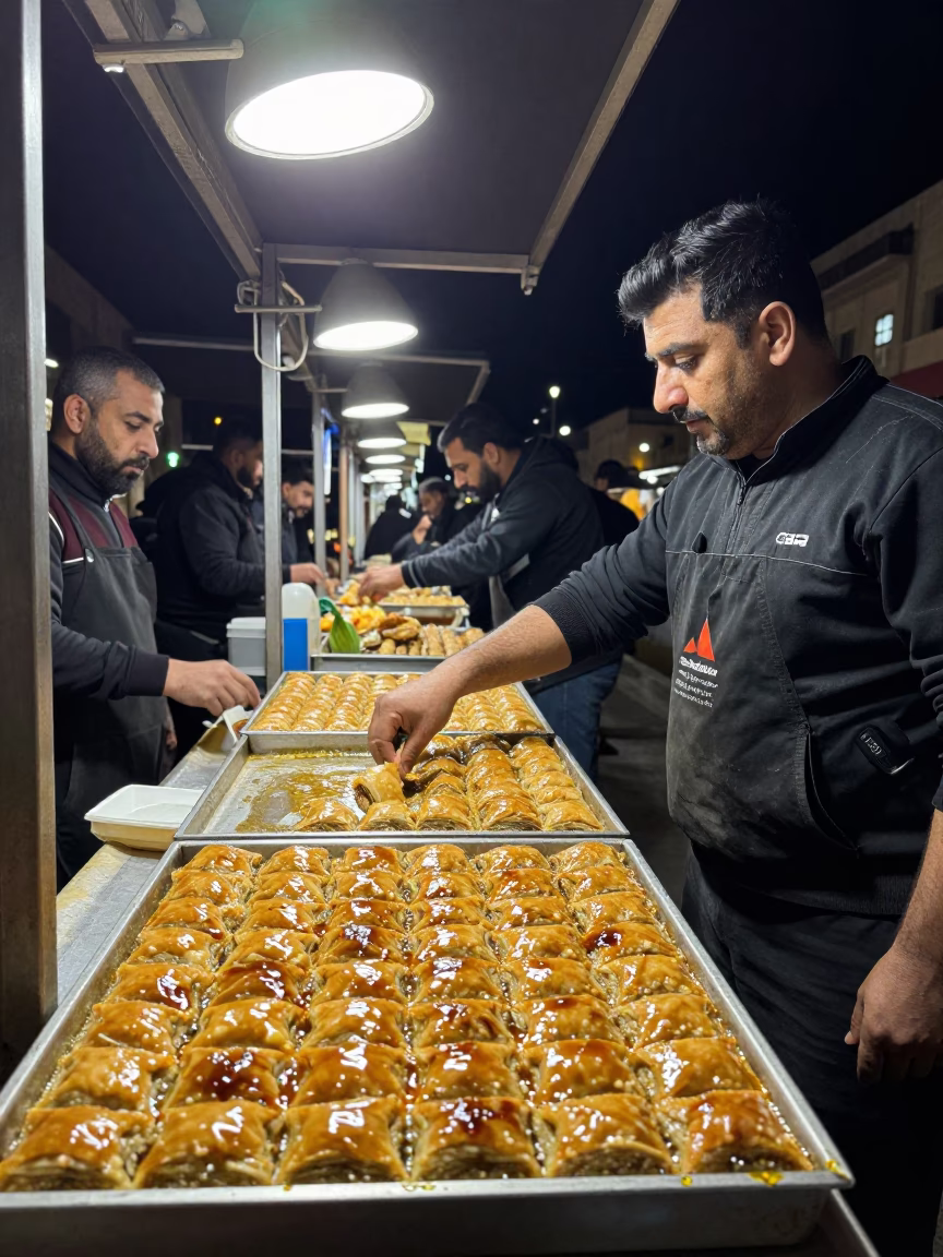 Late Night Amman Street Food Stall Serving Baklava and Tea in in Amman, Jordan