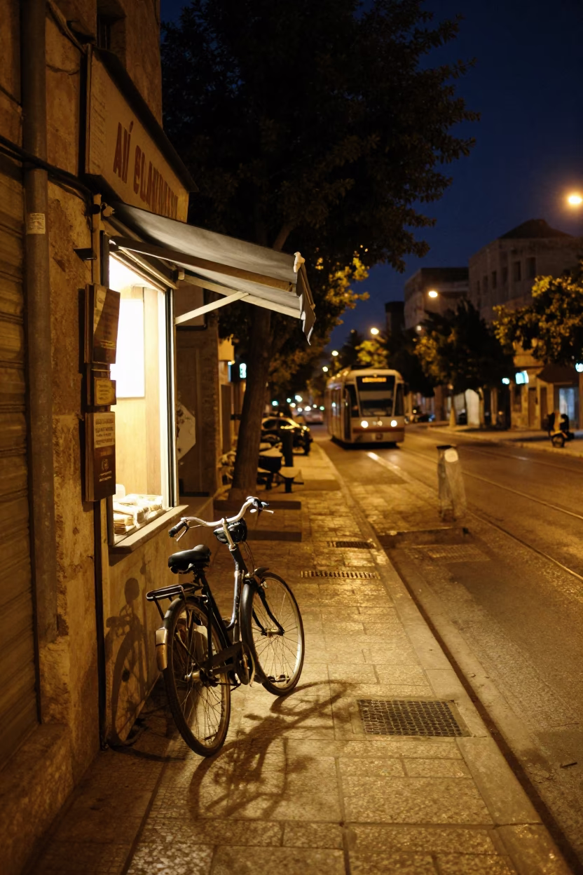 Late Night Amman Street Scene with Bicycle and Bakery in Jordan in in Amman, Jordan