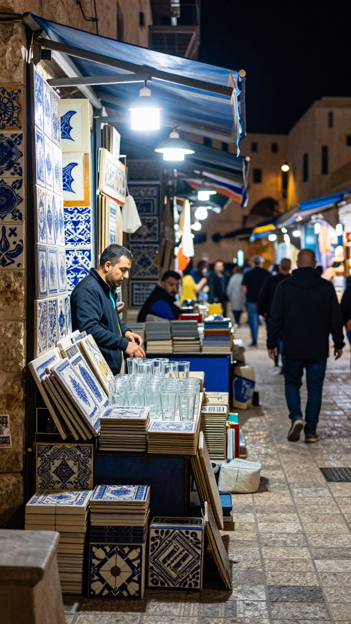 Late Night Amman Street Scene with Ceramic Tiles and Glass Tumblers in in Amman, Jordan