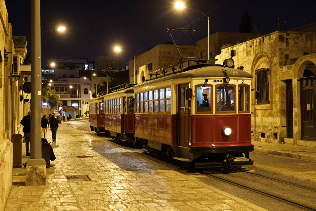 Late Night Amman Street Scene with Heritage Tram and Urban Life in in Amman, Jordan