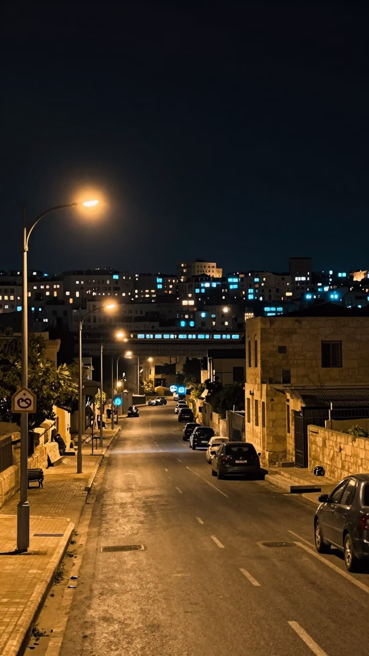 Late Night Amman Street Scene with Lit Windows and Local Shop Details in in Amman, Jordan