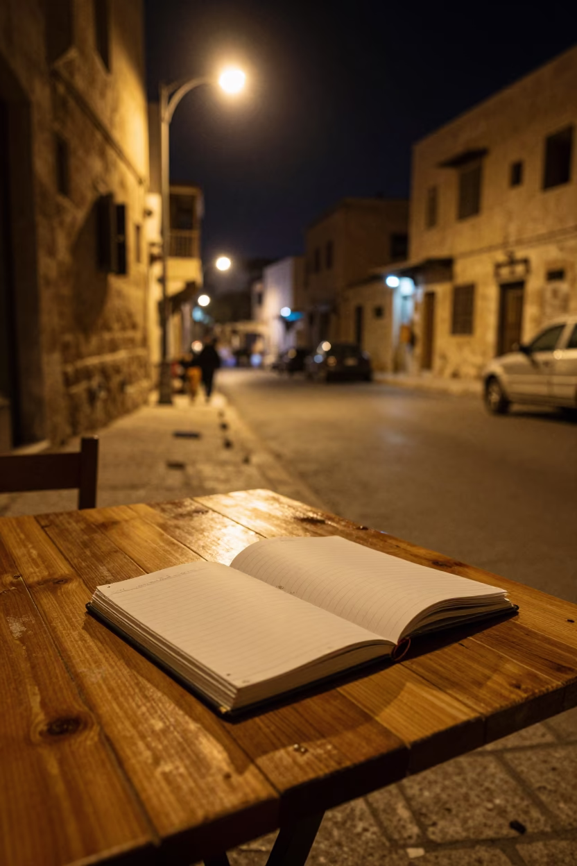 Late Night Amman Street Scene with Notebook and Dust on Wooden Table in in Amman, Jordan