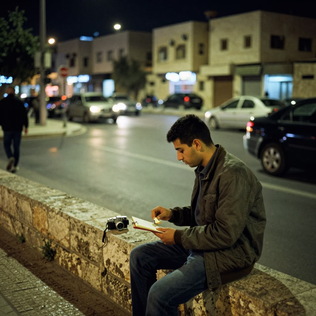 Late Night Amman Street Scene with Notebook and Vintage SUV in in Amman, Jordan