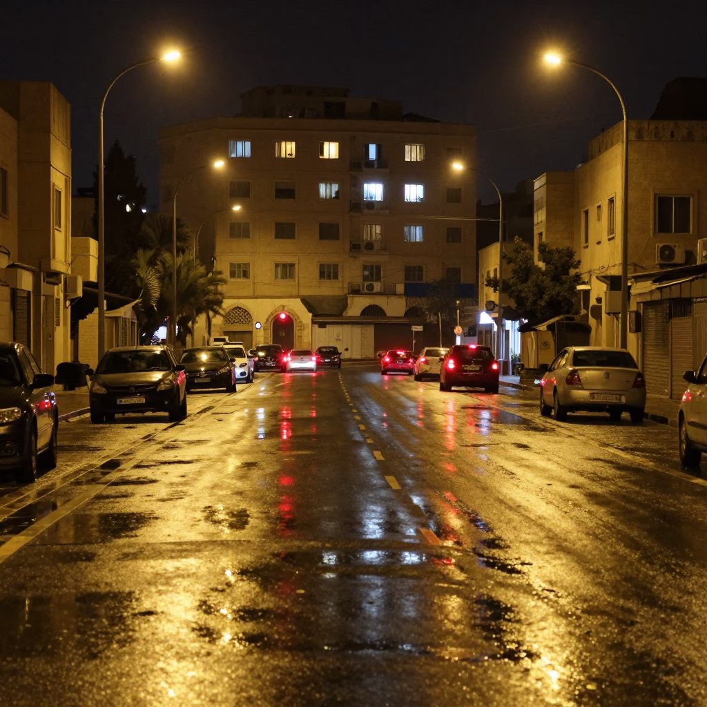 Late Night Amman Street Scene with Puddle Reflections and Hotel Lights in Jordan in in Amman, Jordan