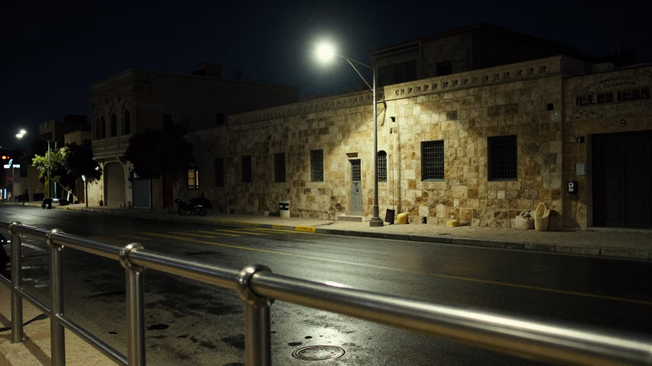 Late Night Amman Street Scene with Shallow Reflection on Brushed Steel and Local Architecture in in Amman, Jordan