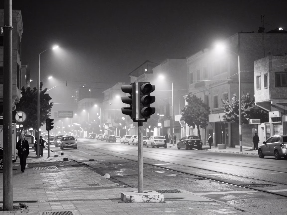 Late Night Amman Street Scene with Signal Gantry and Parallel Rail Lines in Mist in in Amman, Jordan