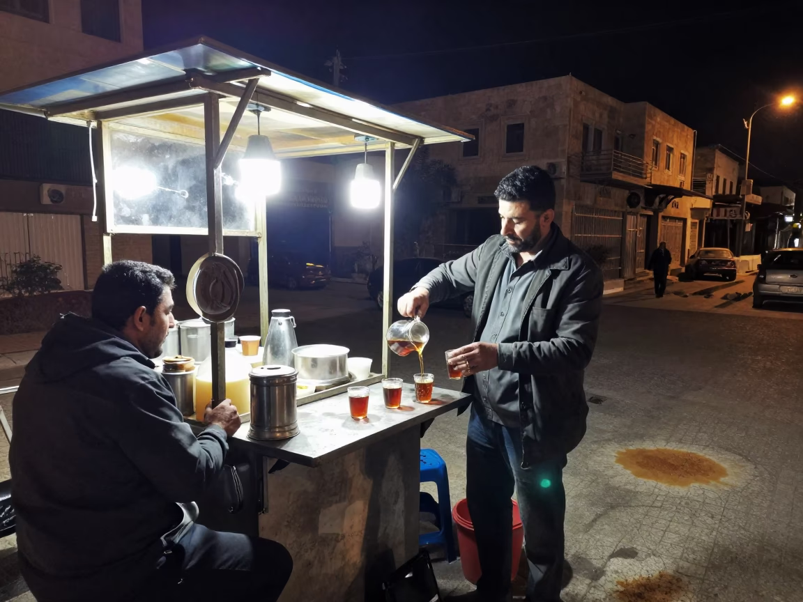 Late Night Amman Street Scene with Tea Stains and Local Interaction in in Amman, Jordan