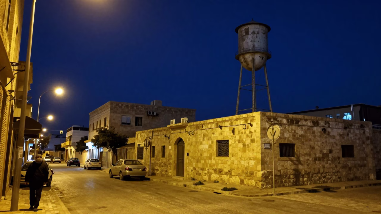 Late Night Amman Street Scene with Water Tower and Insulated Cold Chain Logistics Cooler in in Amman, Jordan