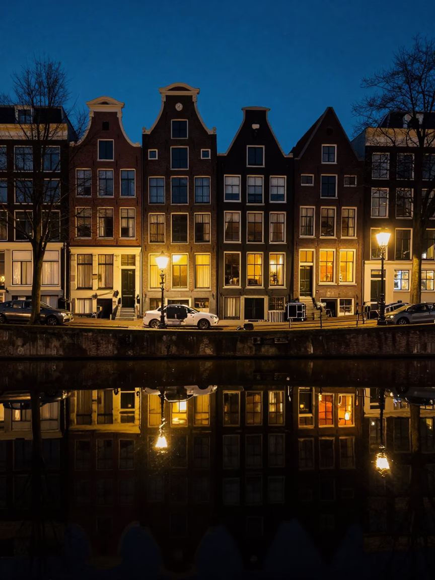 Late Night Amsterdam Canal House Facade Reflections and Cobblestone Street Scene in in Amsterdam, Netherlands