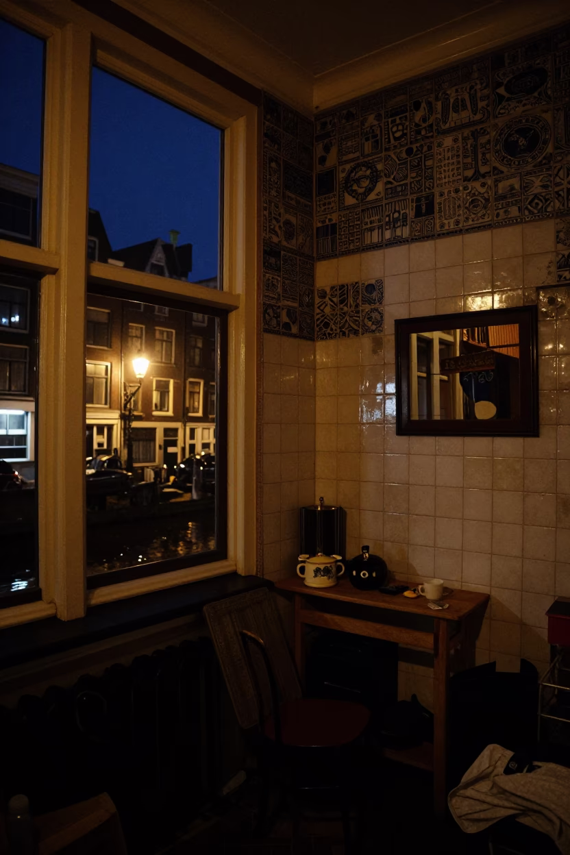 Late Night Amsterdam Canal House Interior with Ceramic Tiles and Books in in Amsterdam, Netherlands