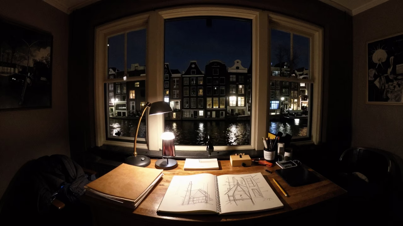 Late Night Amsterdam Canal House Interior with Sketchbook and Blue Porcelain Plate in in Amsterdam, Netherlands