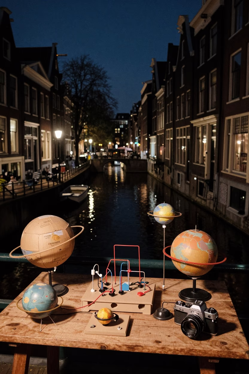Late Night Amsterdam Canal House Interior with Vintage Science Fair Display and Glassware in in Amsterdam, Netherlands