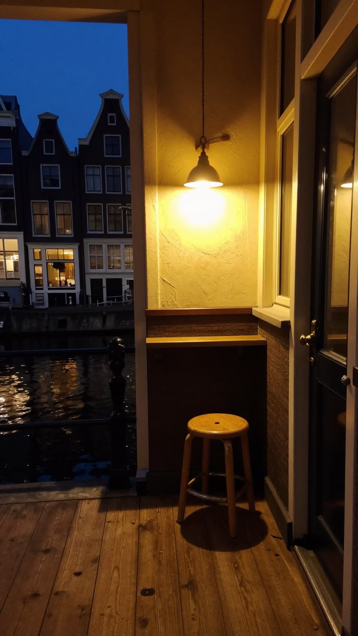Late Night Amsterdam Canal House Interior with Wooden Stool and Cupboard Doors in in Amsterdam, Netherlands