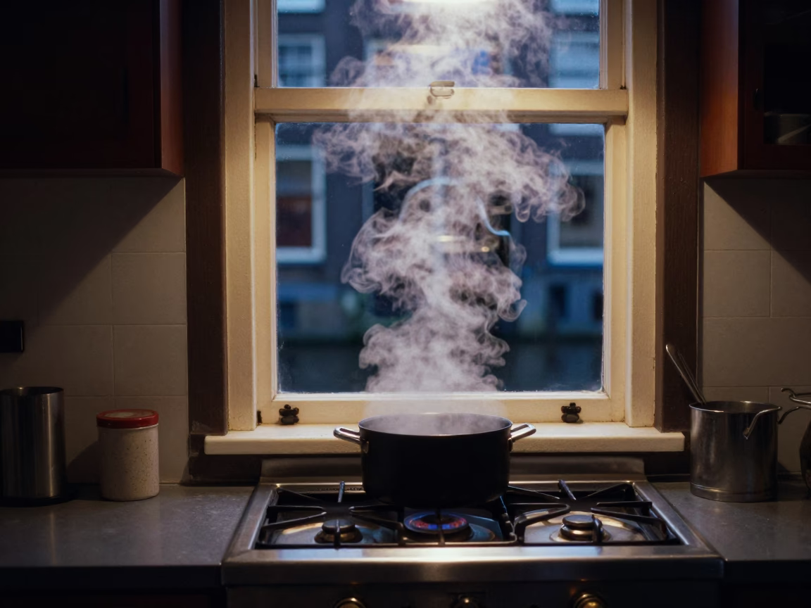 Late Night Amsterdam Canal House Kitchen Steam Haze and Wet Basin in in Amsterdam, Netherlands