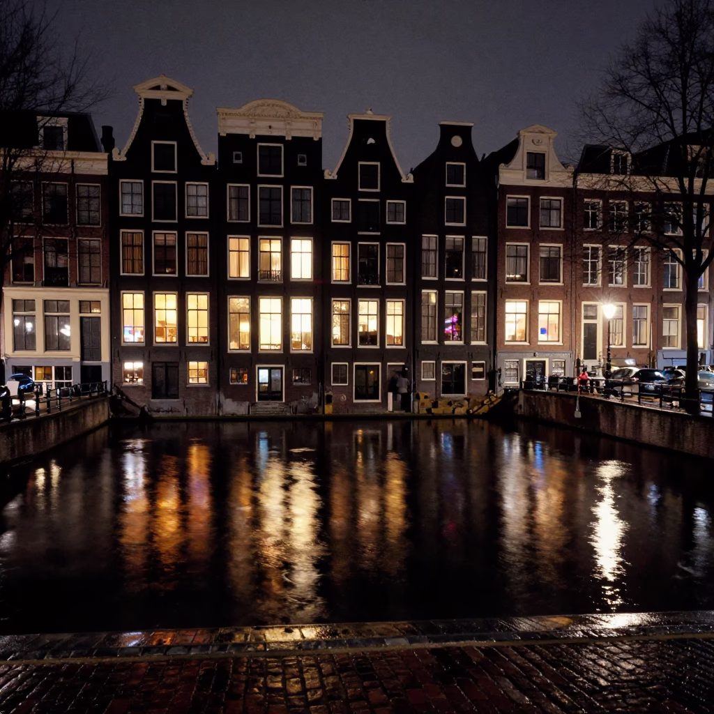 Late Night Amsterdam Canal House Reflections and Wet Cobblestone Street at Midnight in in Amsterdam, Netherlands