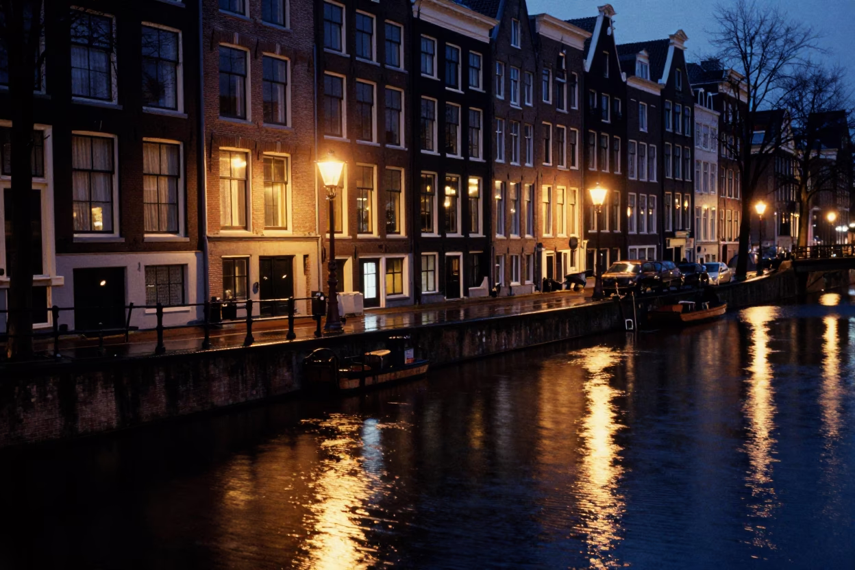 Late Night Amsterdam Canal House Reflections and Wet Cobblestones in the Netherlands in in Amsterdam, Netherlands