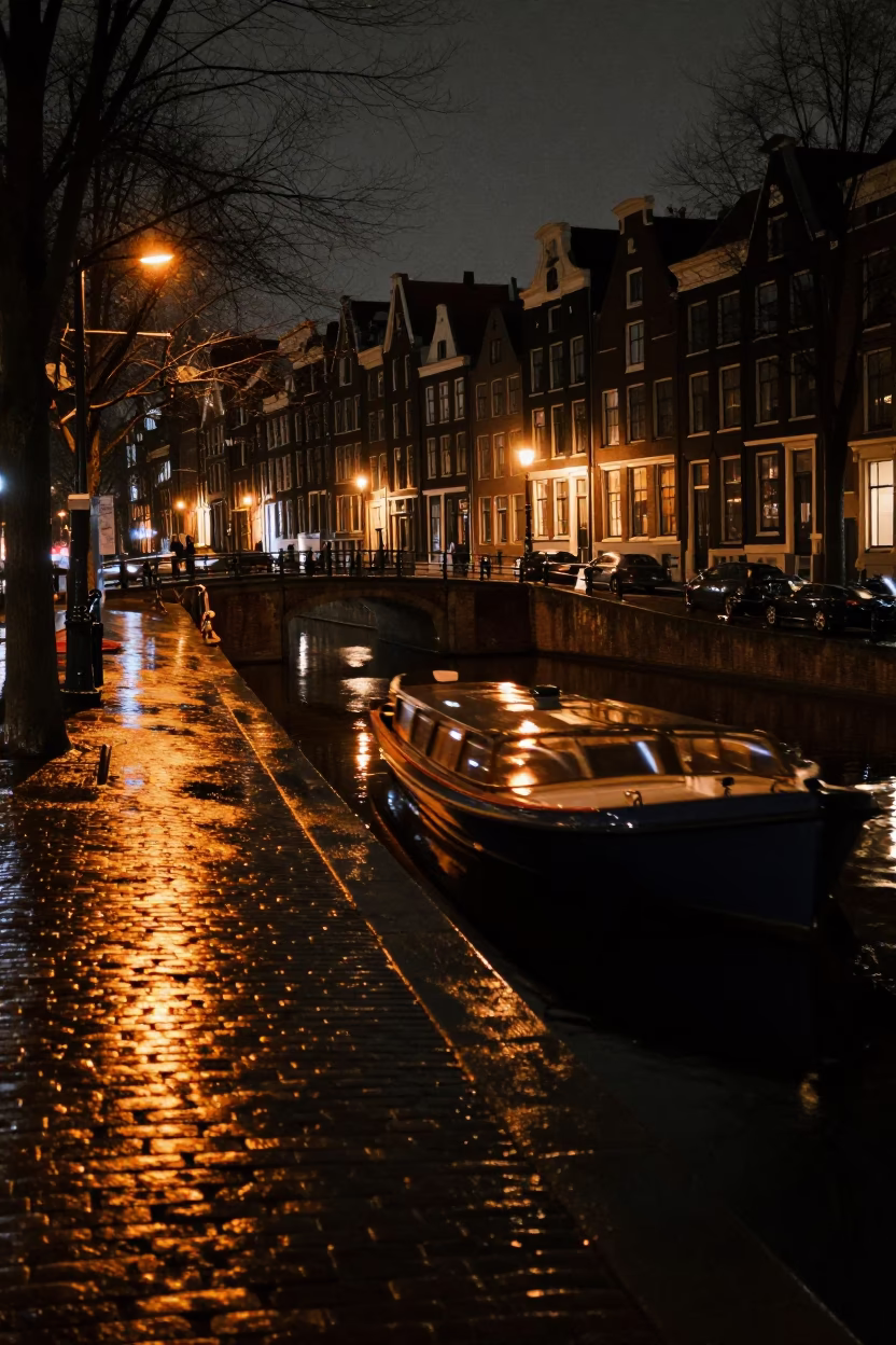 Late Night Amsterdam Canal House Reflections with Wet Cobblestones and Distant Car Light Trails in in Amsterdam, Netherlands