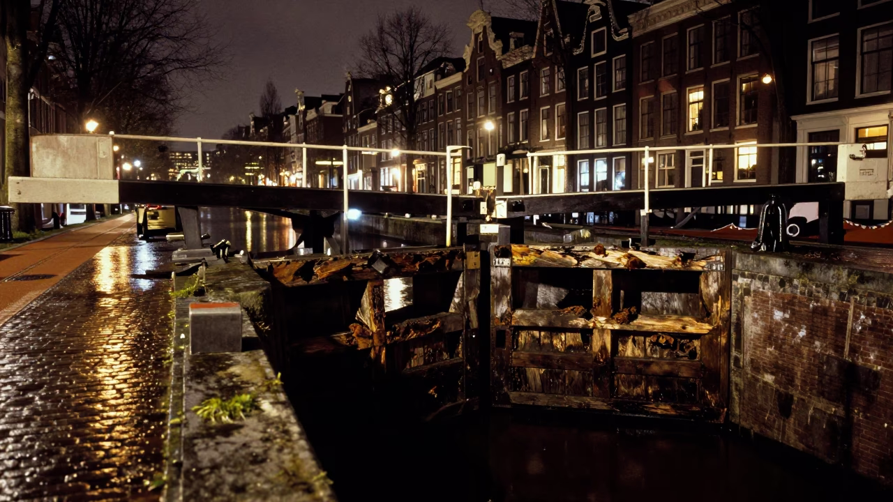 Late Night Amsterdam Canal Lock with Rotten Timber Gates and Wet Cobblestones in in Amsterdam, Netherlands