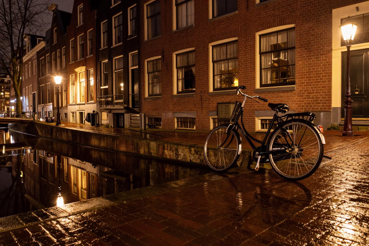 Late Night Amsterdam Canal Reflections with Vintage Bicycle and Brick Architecture in in Amsterdam, Netherlands