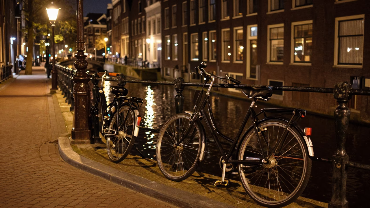 Late Night Amsterdam Canal Scene with Bicycle Padlock and Wet Cobblestones in in Amsterdam, Netherlands